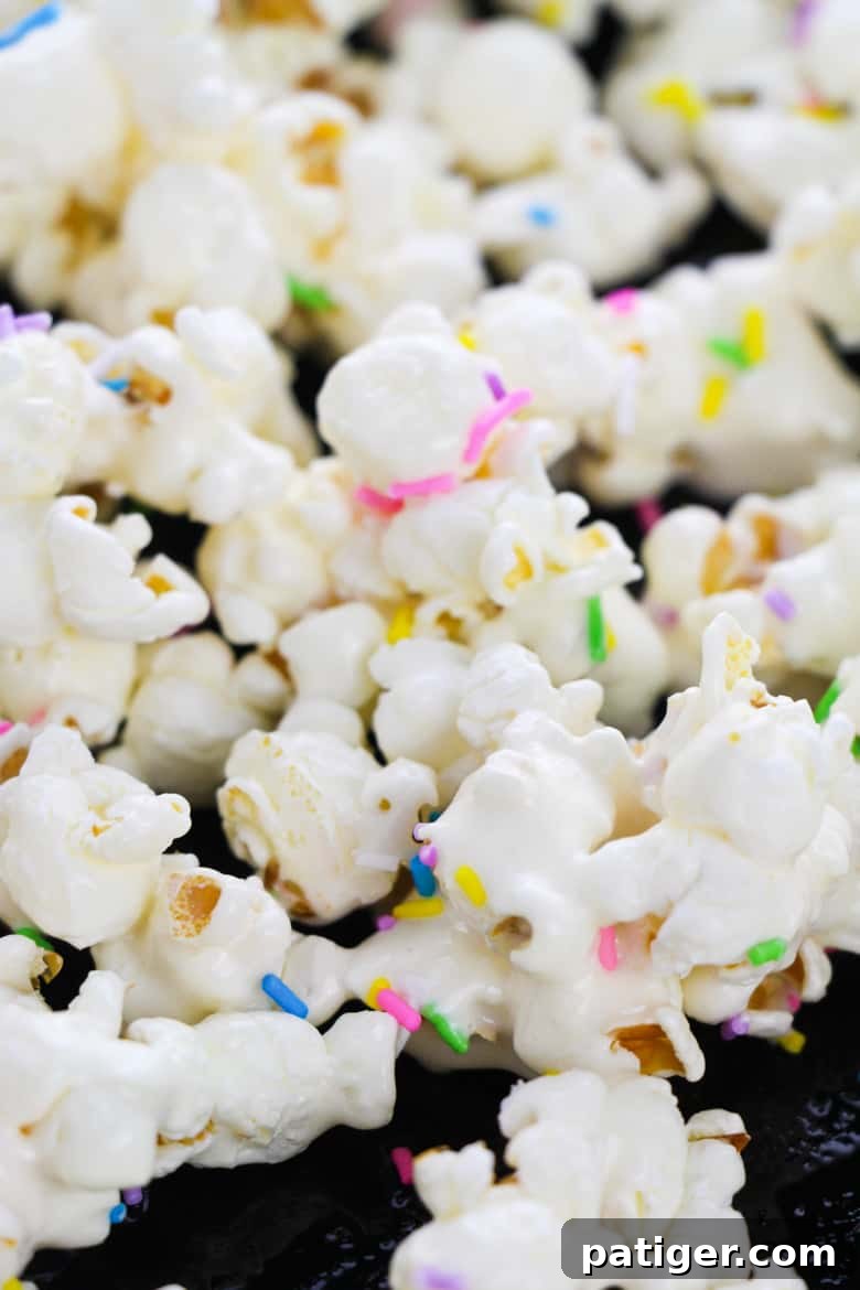 A close-up shot of colorful rainbow sprinkles scattered beautifully over a bed of freshly made cake batter popcorn, highlighting its fun and festive appeal.