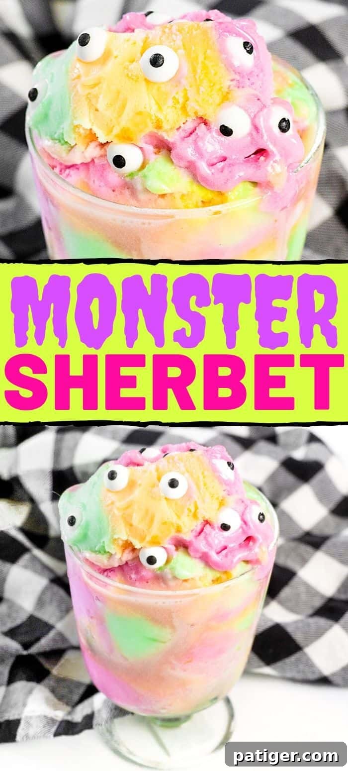 Monster Sherbet Sundae - An easy 2-Ingredient Halloween treat for kids, perfect for pinning on Pinterest for future Halloween celebrations.