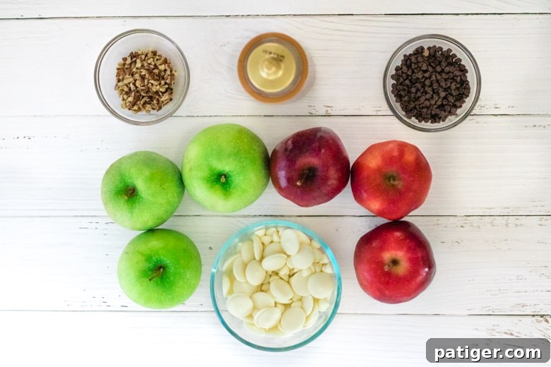 Ingredients: 3 red apples, 3 green apples, chocolate chips, pecans, caramel sauce. All laid out for easy assembly.