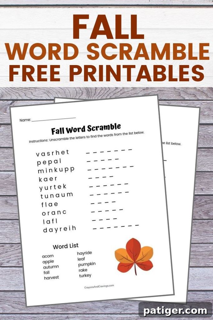 Fall Word Scramble Worksheet for Kids