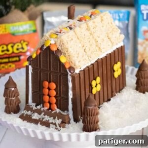 Festive Sweet Retreat 11 Christmas candy house with KitKat Bar, Hershey's Bar, Reese's Pieces, Reese's Peanut Butter Cups, and Rice Krispies Treats.