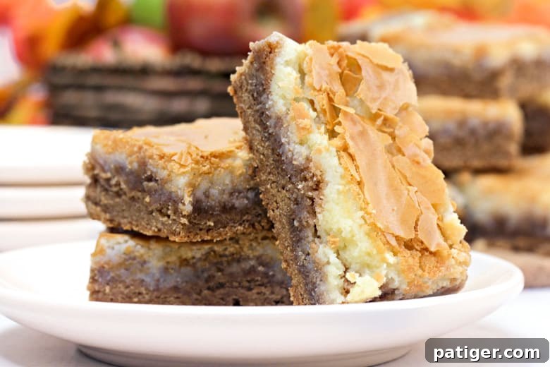 Cozy Autumn Spice Bars 3 Close-up of harvest spice bars on a white plate, showcasing the soft spiced cake base and creamy white topping