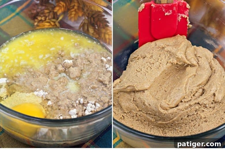 Cozy Autumn Spice Bars 4 Hands mixing ingredients for Harvest Spice Bars in a bowl, showing the dough's texture