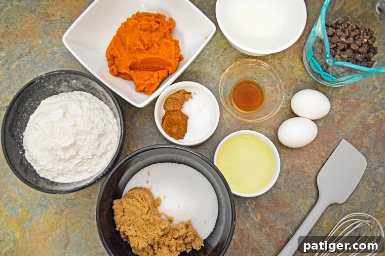 Heavenly Chocolate Chip Pumpkin Loaf 5 Various ingredients for pumpkin chocolate chip bread laid out on a table, including flour, sugar, spices, pumpkin puree, and chocolate chips.
