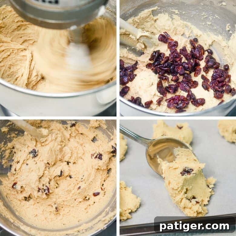 step by step images for how to make cranberry cookies, showing dough on a tray