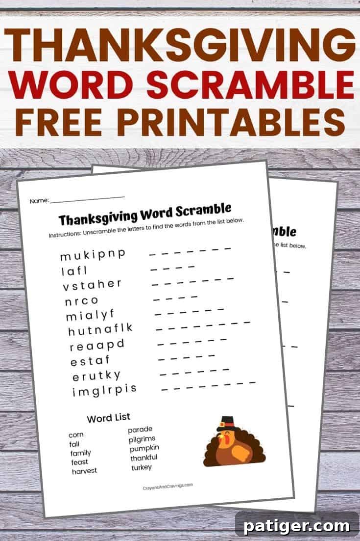 Gobble Up Thanksgiving Word Fun 2 Thanksgiving word scramble printable with 10 Thanksgiving-themed words to unscramble. Print the word find PDF for free with or without a word bank for a fun kids activity.