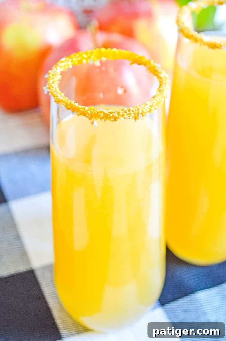 Two glasses of sparkling apple cider mimosas on a rustic wooden table with decorative fall foliage.