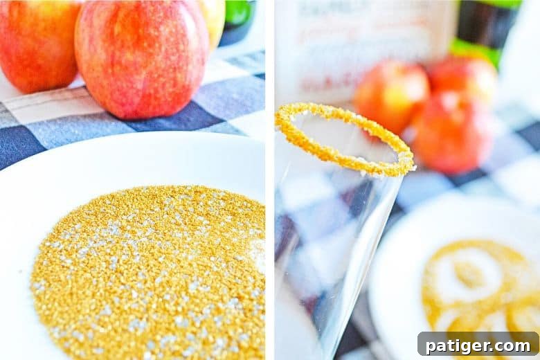 A step-by-step visual guide on how to prepare apple cider mimosas, showing the rimming process and pouring.