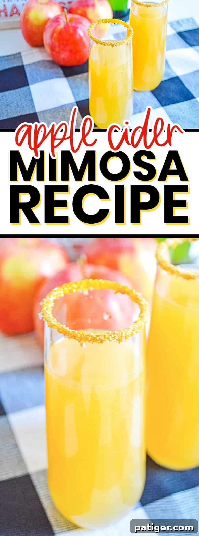 A tall, eye-catching Pinterest-optimized image of apple cider mimosas, ready to be pinned for holiday cocktail inspiration.