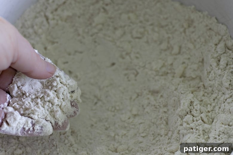Fluffy Buttermilk Biscuits from Scratch 7 Cold grated butter being cut into dry flour mixture with a pastry blender in a mixing bowl for buttermilk biscuits.