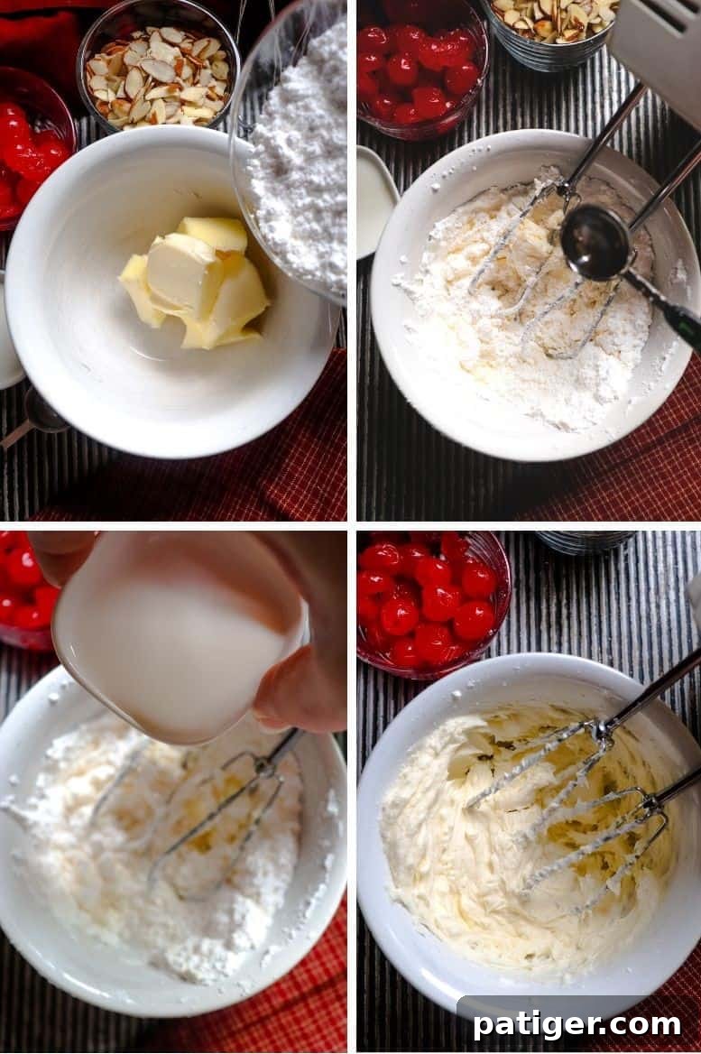 Close-up of the buttercream ingredients being combined and mixed until smooth, showing the preparation for the frosting.