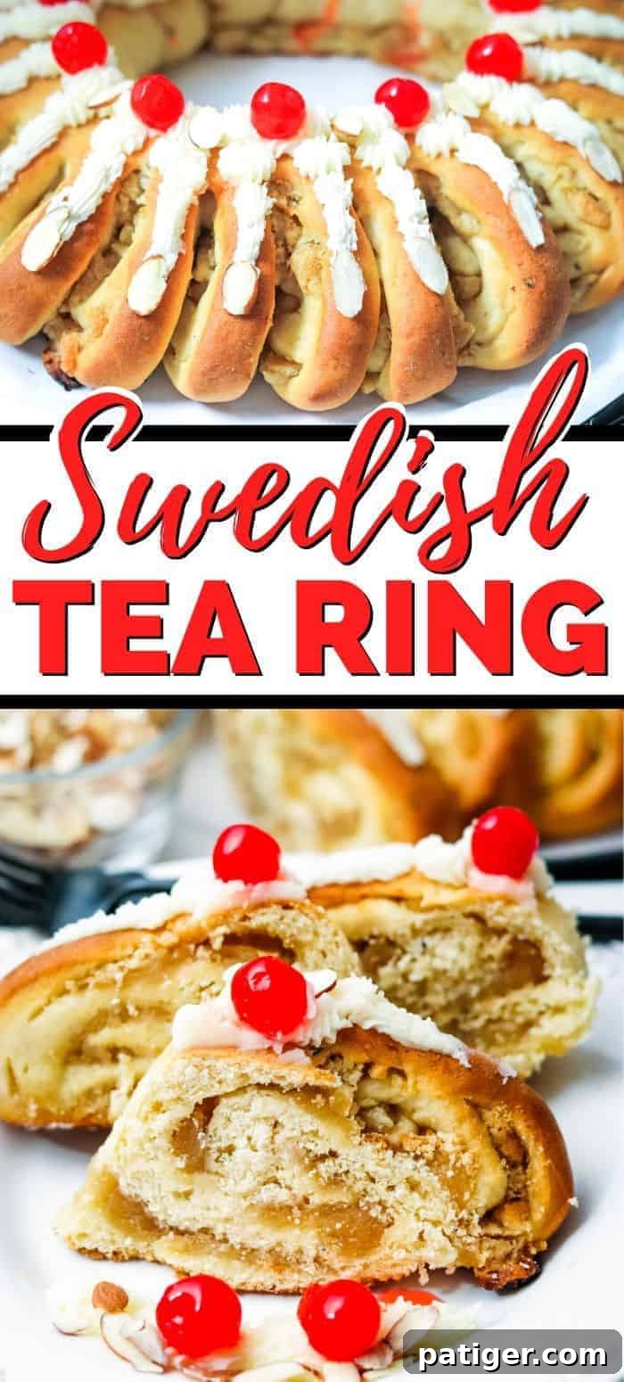 Swedish Tea Ring: A festive holiday pastry filled with brown sugar, spices, and almond paste, topped with buttercream frosting.