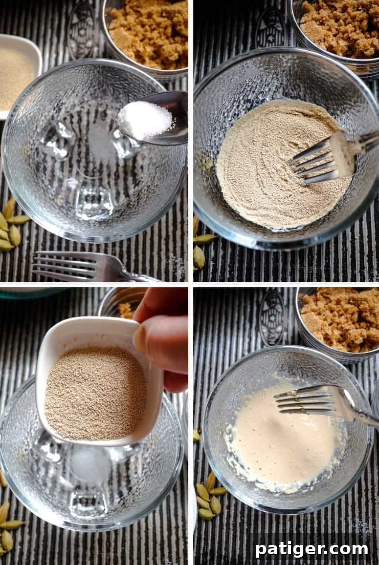 A small bowl showing yeast being dissolved in warm water and sugar, beginning the activation process.