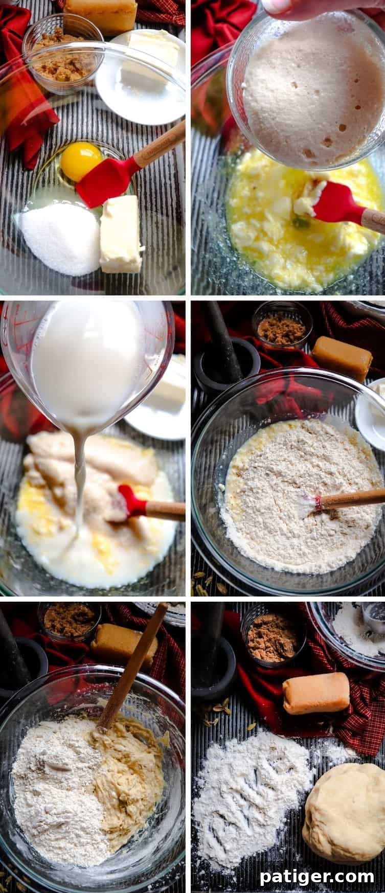 Detailed image of ingredients being combined in a large mixing bowl to prepare the dough for the Swedish Tea Ring, showing the mixing process.