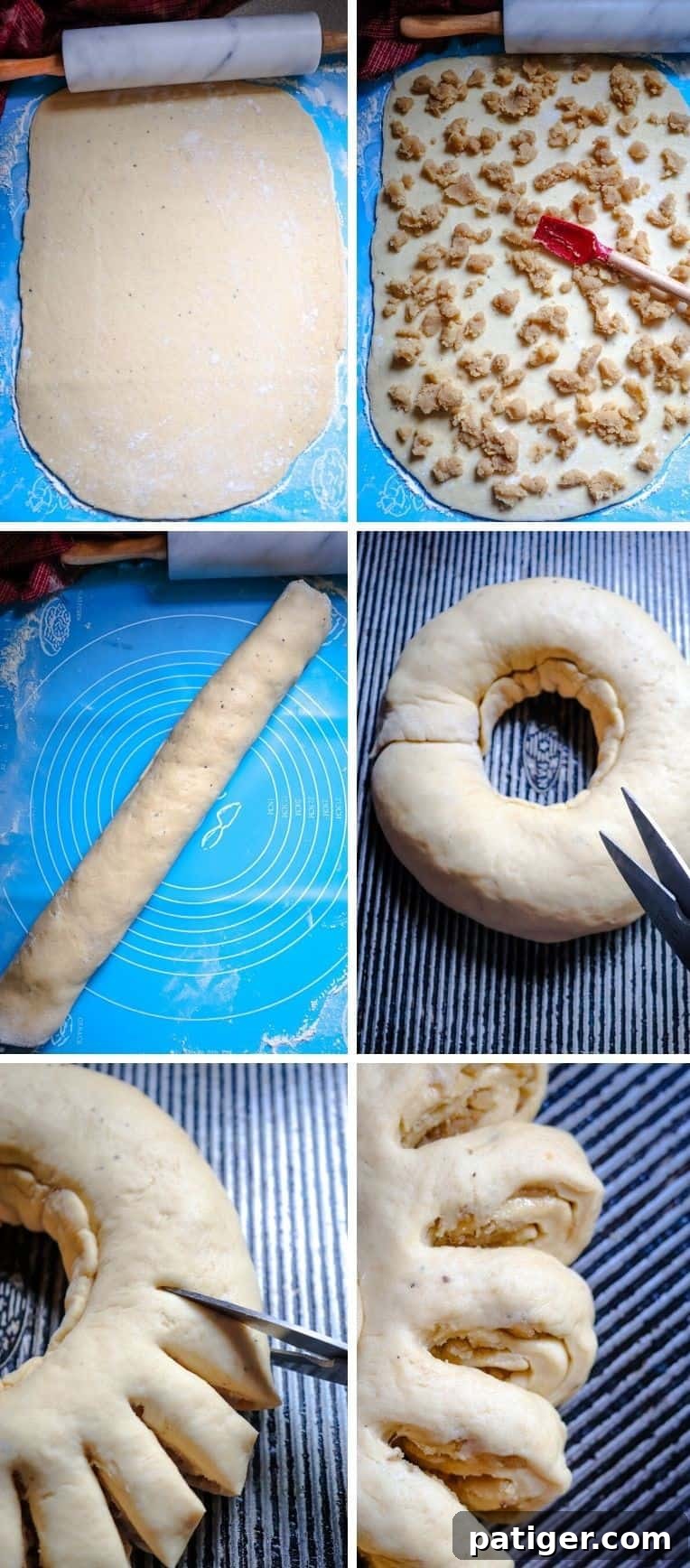 Process of rolling out the dough into a rectangle and spreading the filling before shaping it into a ring.