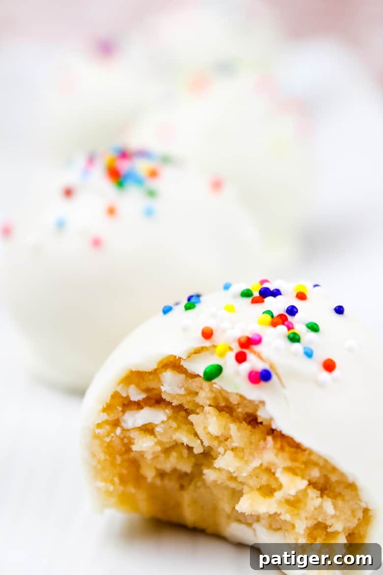 Deliciously plated sugar cookie truffles ready for serving, garnished with festive sprinkles