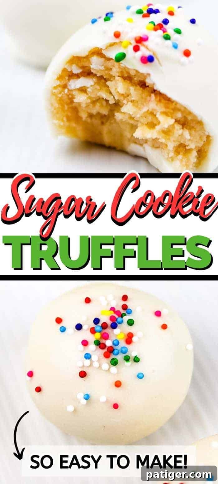 A large, vibrant Pinterest graphic showcasing sugar cookie truffles, optimized for sharing