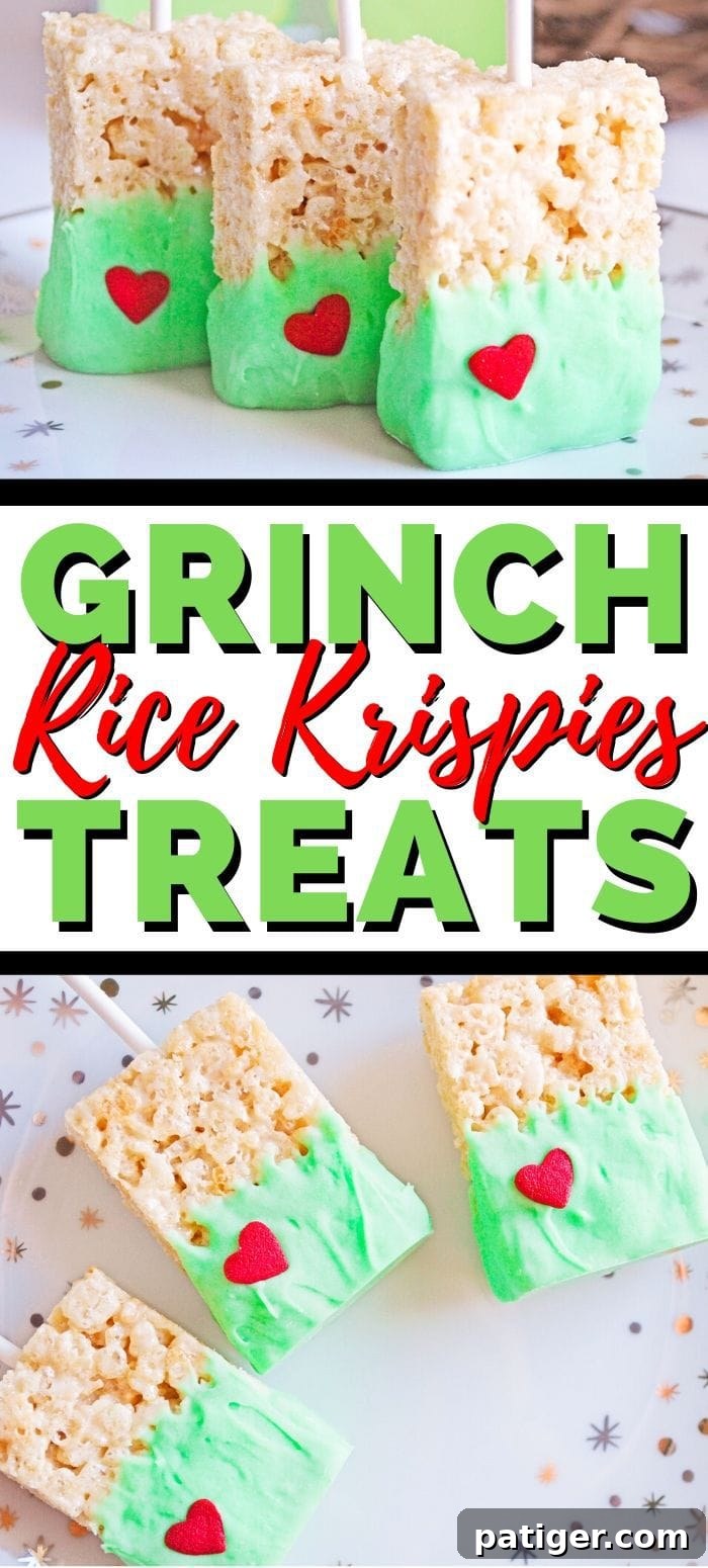 Grinch's Green Krispie Delights 9 Tall image of Grinch Rice Krispies Treats, green with a red heart, for pinning on Pinterest.