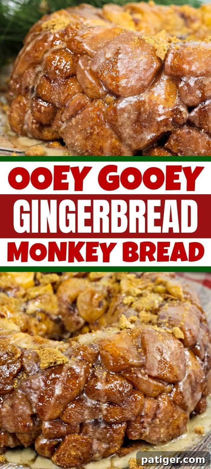 Gingerbread Monkey Bread, golden brown and glistening with glaze, styled for a festive holiday setting, perfect for pinning to your Christmas recipe board.