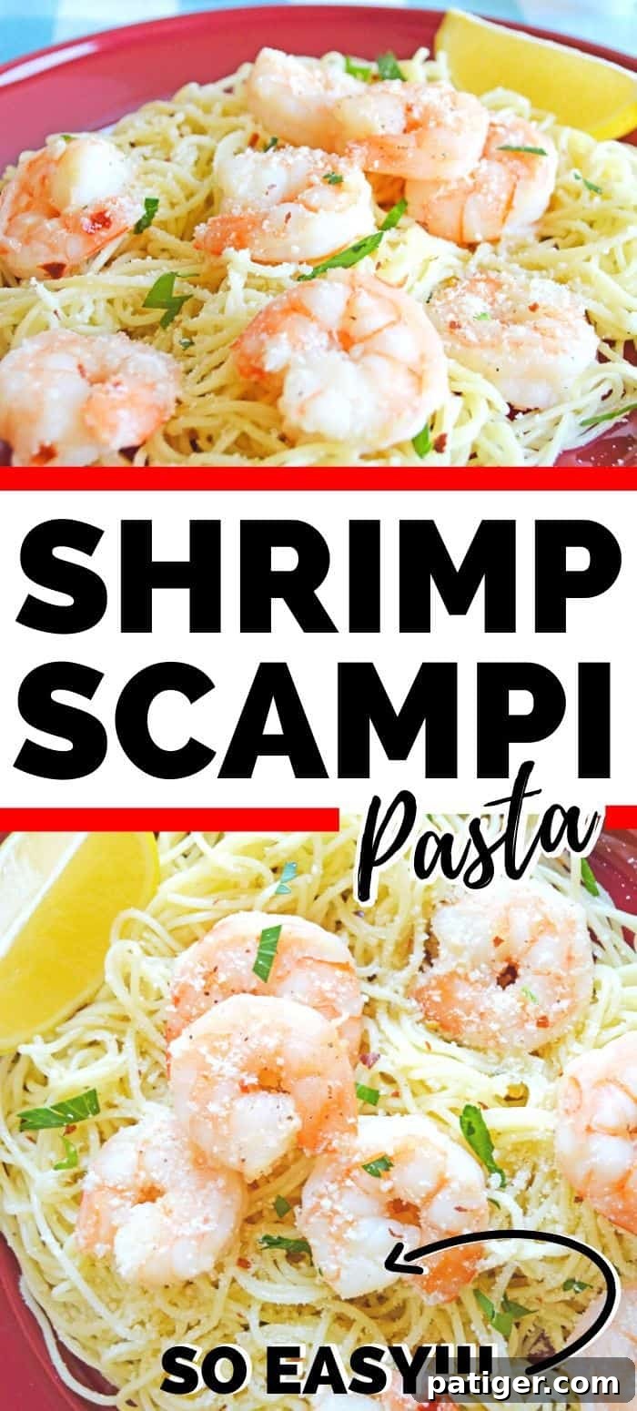 Full plate of shrimp scampi pasta with lemon and parsley, ready to be pinned.