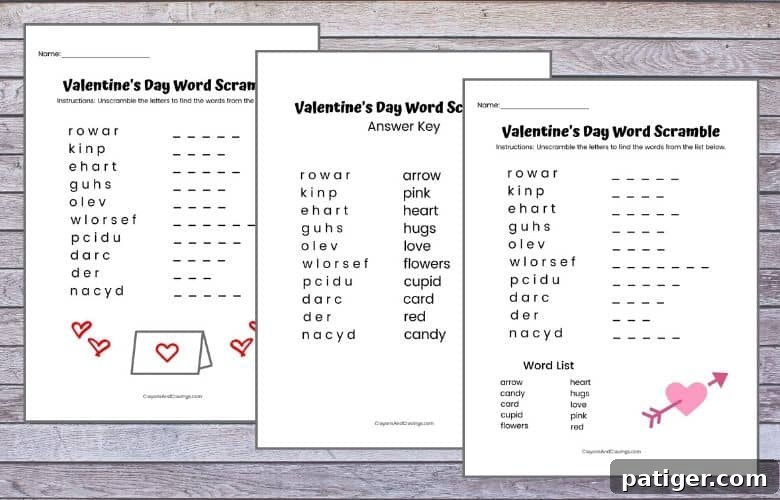 Printable Sweetheart Scramble Puzzle 3 Valentine's Day Word Jumbles for Kids: Free printable with answer key, available with or without a word bank for varied difficulty.