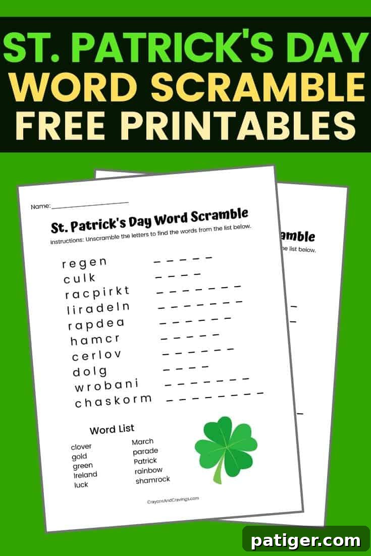 St. Patrick's Day Word Scramble Worksheet for Kids - Vertical image showcasing a leprechaun hat, shamrocks, and a partial puzzle
