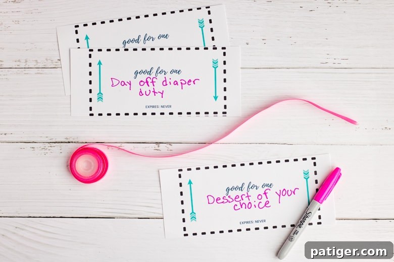 A heartwarming scene with handwritten love coupons, a delicate pink ribbon, and a pink marker, symbolizing the personal touch of a DIY gift.