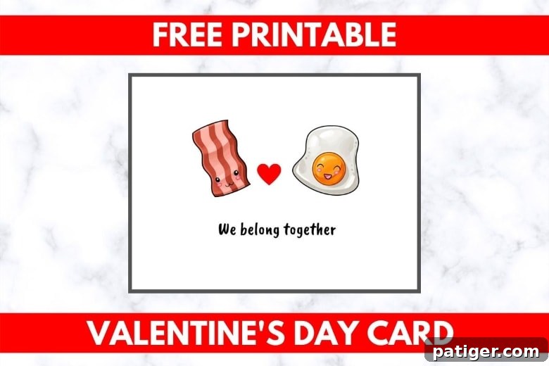 Sizzling Hearts: A Valentine's Breakfast 2 A charming greeting card featuring an illustration of bacon and eggs, accompanied by the sweet phrase "We belong together." Perfect for bacon enthusiasts this Valentine’s Day.