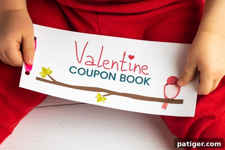 A beautifully arranged stack of printable Valentine's Day coupons for kids, tied with a ribbon, showcasing various fun activities like 'lunch date' and 'pizza party'. Perfect for a DIY gift book.