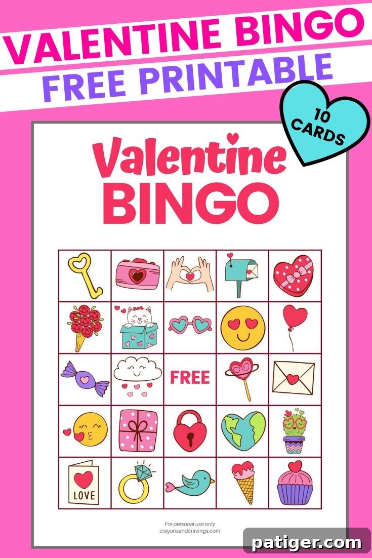 Cupid Bingo Fun 2 Valentine's Day Bingo game board with festive heart-themed images
