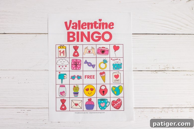 Cupid Bingo Fun 3 Close-up of a Valentine's Day Bingo game board featuring various themed images