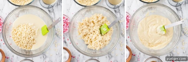 Velvet Valentine Fudge 5 Three image collage of chocolate chips and sweetened condensed milk before, during, and after being melted and combined.