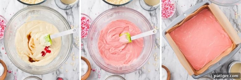 Velvet Valentine Fudge 6 Three image colage of white melted mixture being dyed pink and poured into lined square pan.