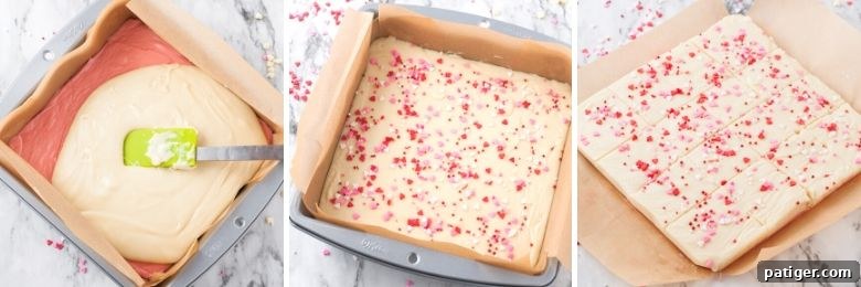Velvet Valentine Fudge 7 Three image collage of melted white fudge mixture being poured over the set pink layer, sprinkles being added, and the fudge removed from pan and cut into small squares.