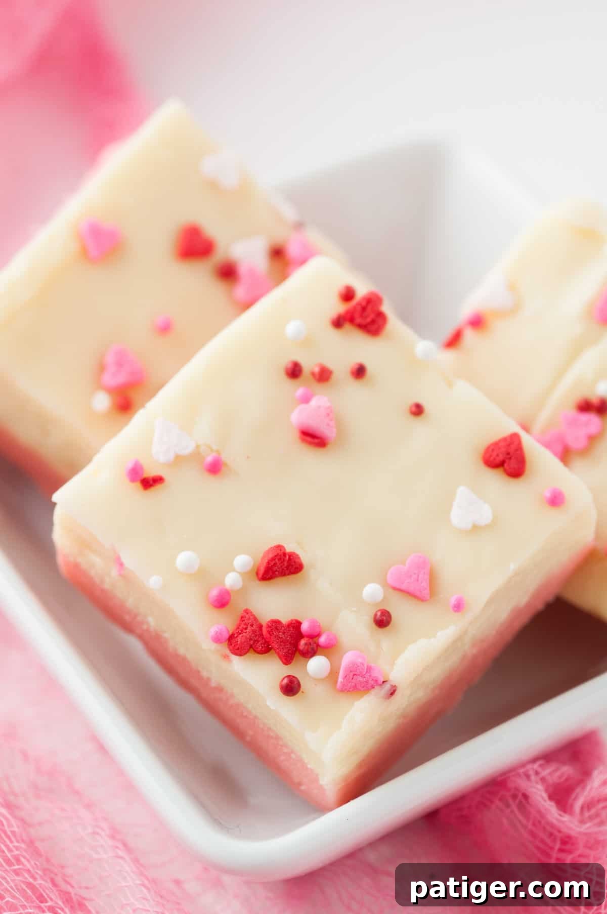 Velvet Valentine Fudge 8 Square piece of white chocolate Valentine's Day fudge with Valentines sprinkles on top.