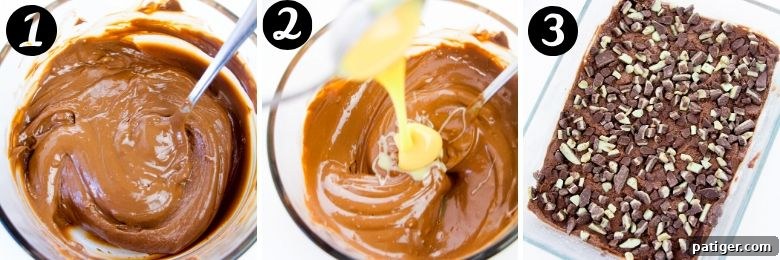 Decadent Mint Swirl Fudge 4 3 image collage: melted chocolate in a glass bowl, sweetened condensed milk being poured into bowl, mixture spread out in glass pan and topped with chopped Andes mints