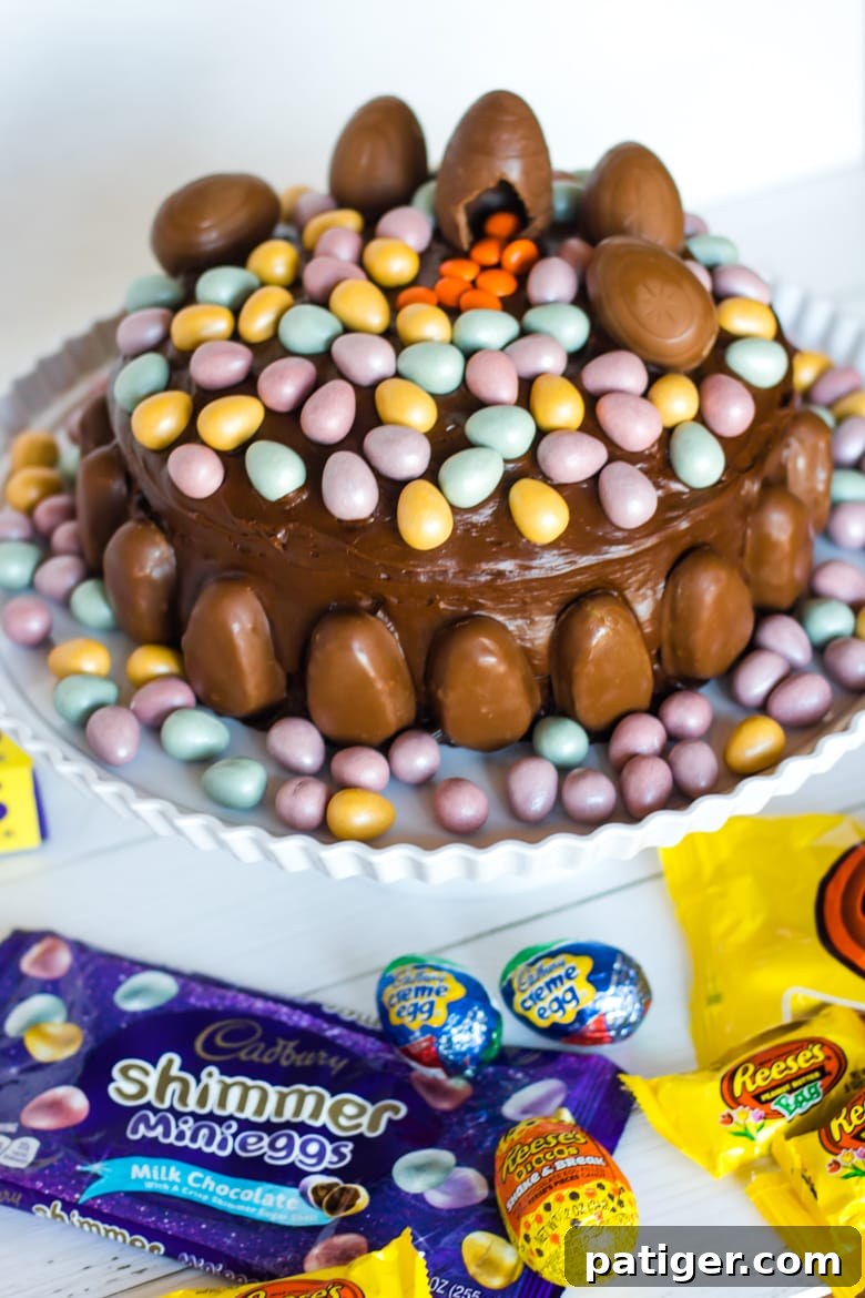 An easy-to-make Easter Candy Cake, showcasing its vibrant decoration with REESE’S Eggs, Cadbury Creme Eggs, and shimmering mini eggs, perfect for a joyful holiday celebration.