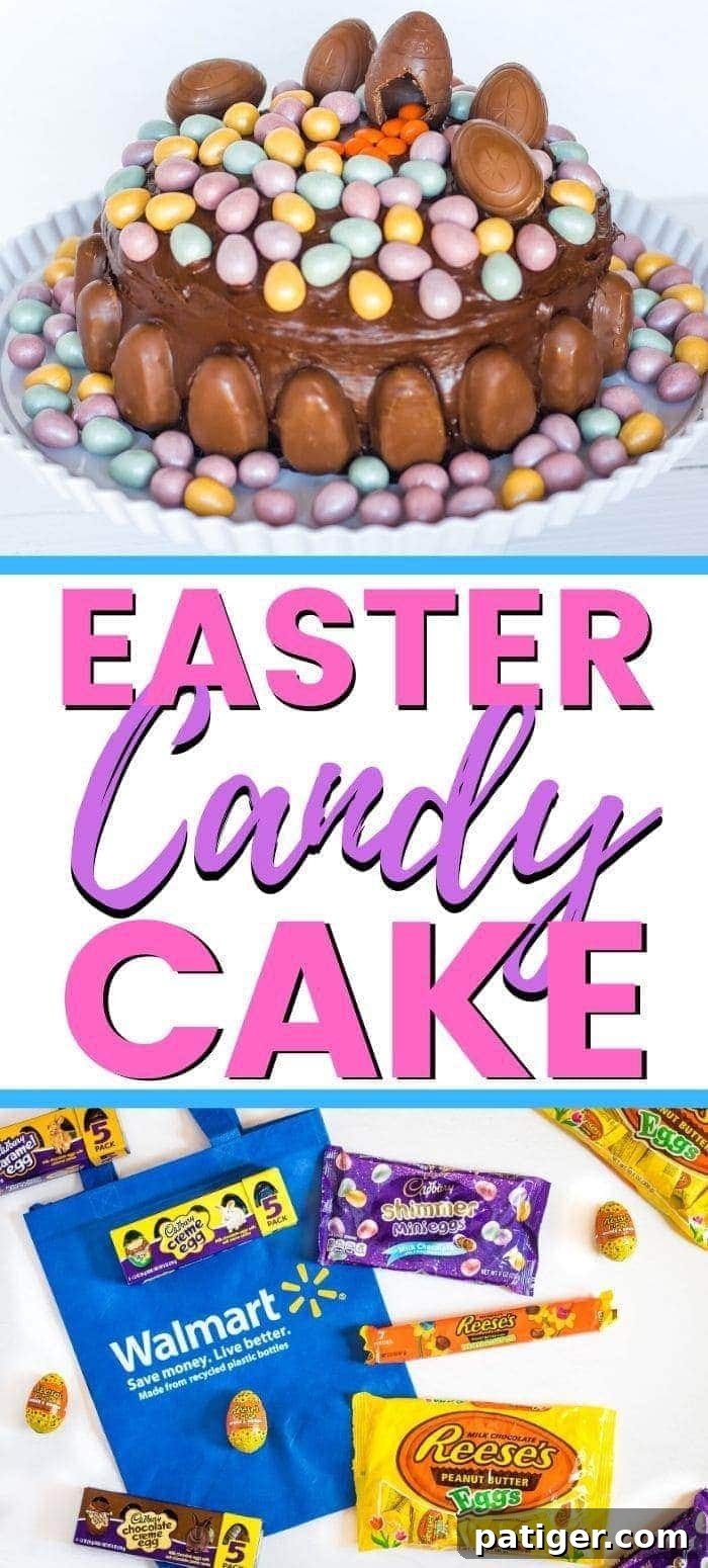 A festive Easter Candy Cake, perfect for holiday celebrations, decorated with CADBURY Crème Eggs, REESE’S© Milk Chocolate Eggs, and sparkling CADBURY Shimmer Mini Eggs.