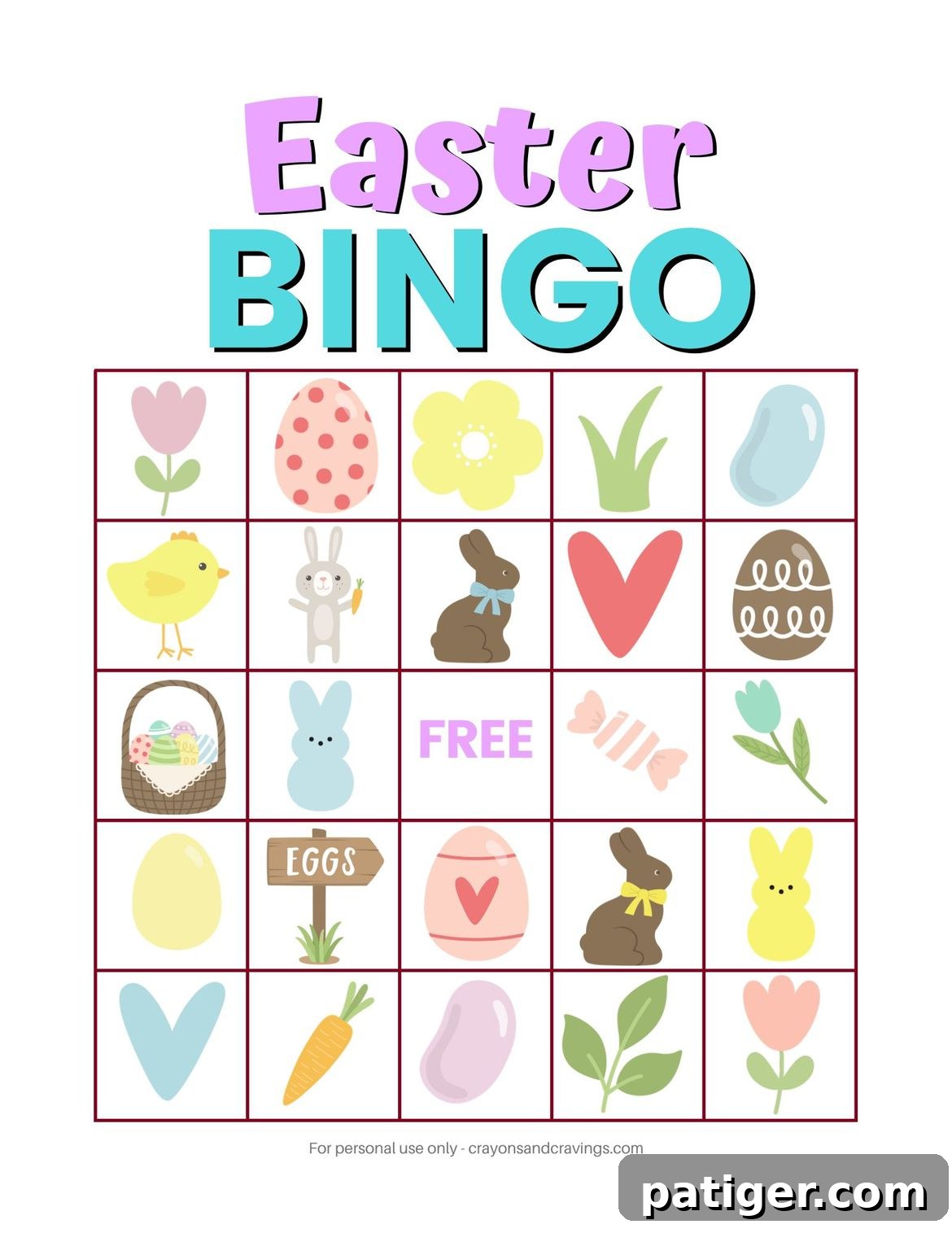 Bunny Hop Bingo 4 Close-up of a free printable Easter Bingo Card.