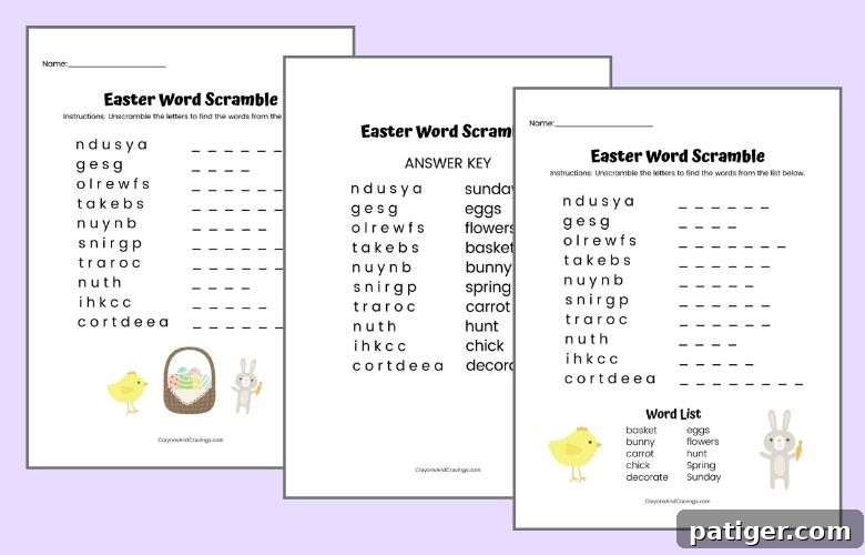Easter Word Scramble versions: with word bank, without word bank, and answer key.