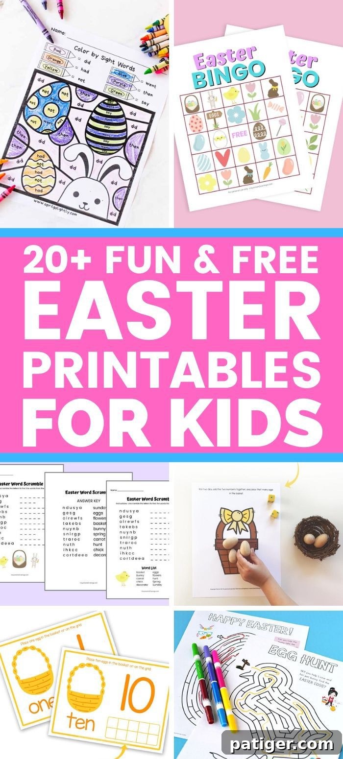 Hoppy Easter Activities: 20+ Free Printables for Kids 2 Collection of colorful free Easter printables for kids, showcasing various games, coloring pages, and craft ideas suitable for different age groups.