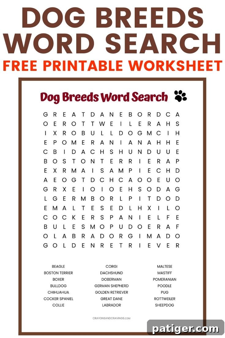 Dog Breeds Word Search Free Printable Worksheet - A challenging puzzle for all ages