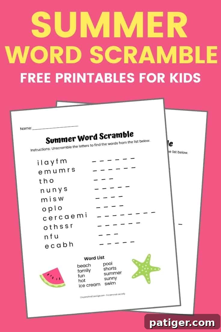 Summer Word Scramble Free Printable for Kids