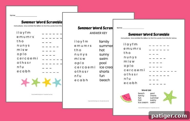 3 pages: Summer word scramble with word bank, without word bank, and answer key