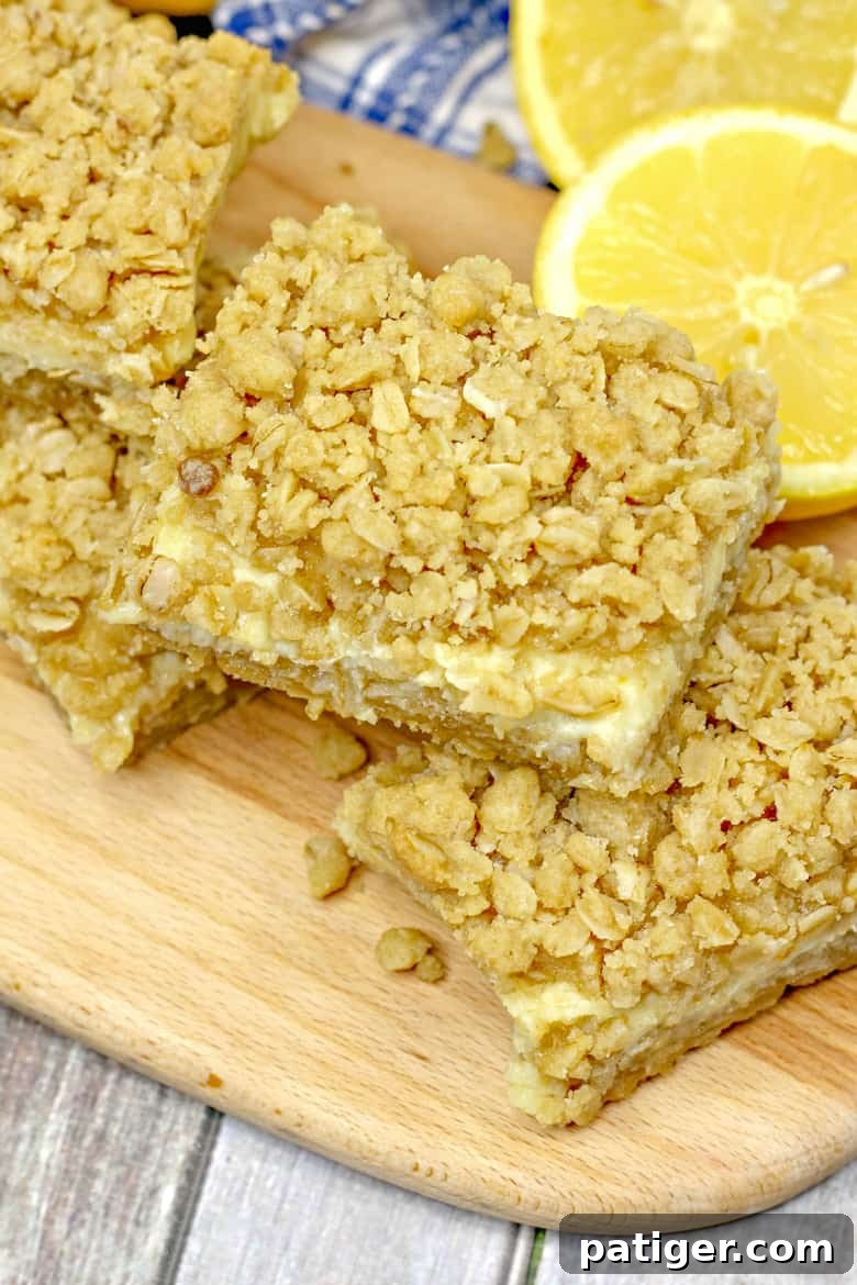 Close-up of Oatmeal Lemon Crumble Bars showing the layers