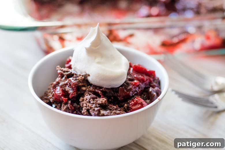 Velvet Cherry Chocolate Bake 4 3-ingredient chocolate cherry dump Cake served in a bowl with Whipped Cream.
