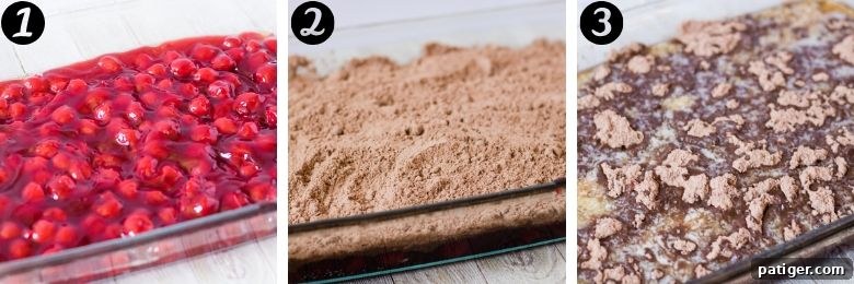 Velvet Cherry Chocolate Bake 6 Three image collage of 1) cherry pie filling in glass baking dish, 2) devils food cake mix sprinkled on top, and 3) melted butter poured over the top.