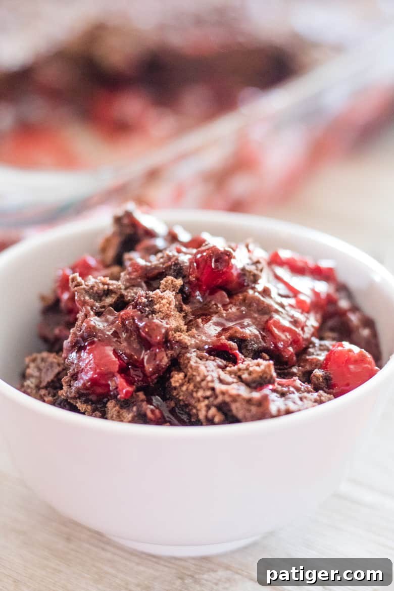 Velvet Cherry Chocolate Bake 7 Bowl of chocolate Cherry Dump Cake made with devil's food cake and cherry pie filling.