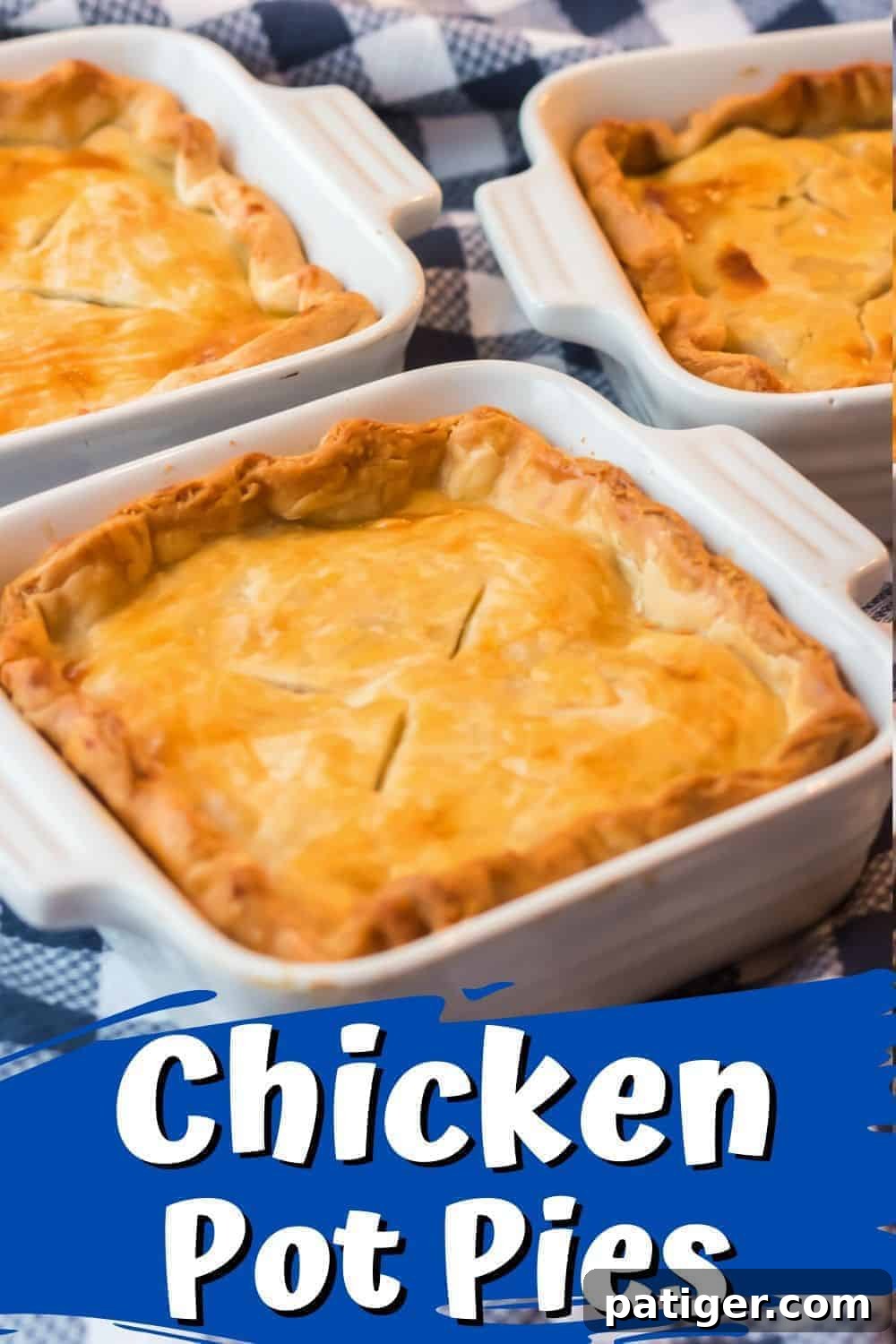 Comforting Individual Chicken Pot Pies 10 Chicken Pot Pie Recipe: A tall image for Pinterest sharing, featuring a golden-brown individual chicken pot pie