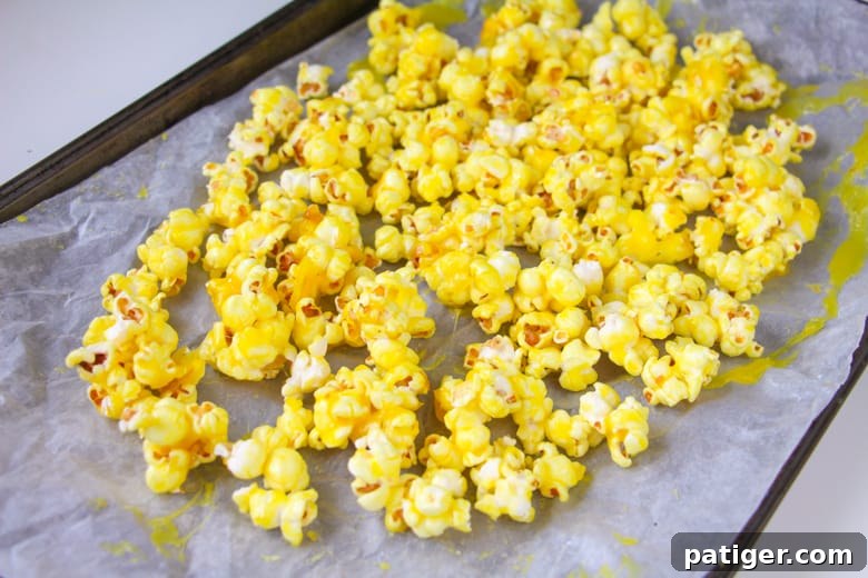 Yellow Jello Popcorn on a lined baking sheet
